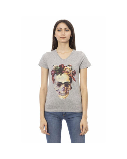 Trussardi Action Women's Elegant Gray V-Neck Tee with Front Print - S