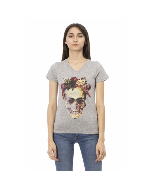 Trussardi Action Women's Elegant Gray V-Neck Tee with Front Print - S