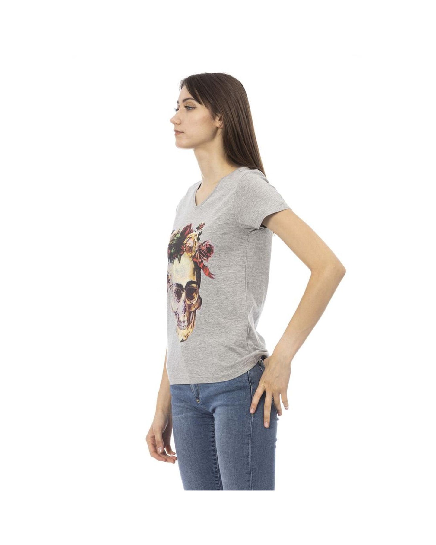 Trussardi Action Women's Elegant Gray V-Neck Tee with Front Print - S