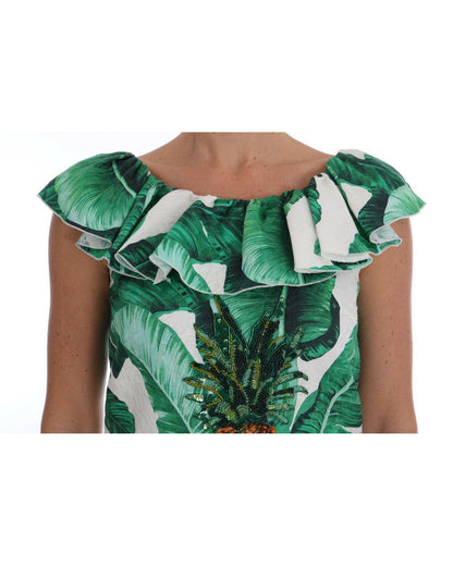 Cap Sleeve Blouse Top with Ruffled Neckline and Sequined Pineapple Embroidery 36 IT Women