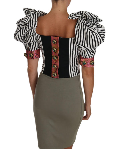 Cropped Top with Puff Sleeves and Crystal Button Embellishment 42 IT Women