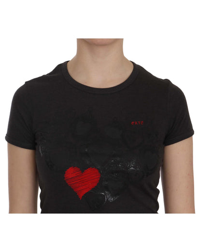 EXTE Black Hearts Print Crew Neck Blouse 42 IT Women