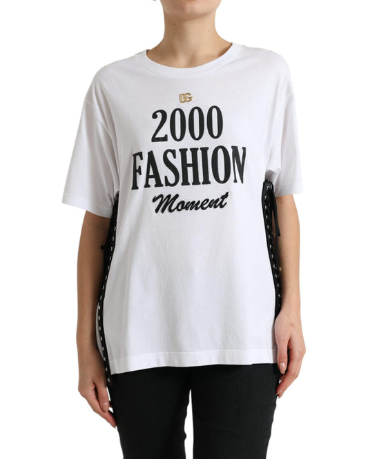 Dolce & Gabbana Women's White Slogan Print Lacing Detailed T-shirt - 36 IT