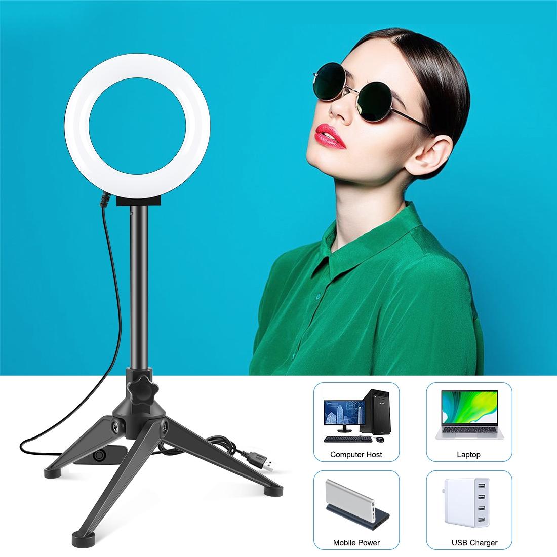 12Cm Ring Light & Desktop Tripod Selfie Stick Mount With Usb Led Ring Selfie Beauty Vlogging Photography Video Lights Kit In Black