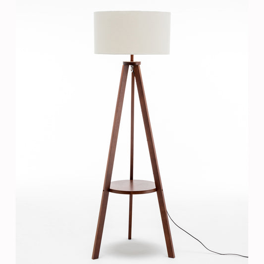 Natural Wooden Tripod Floor Lamp w/ Round Shelf + Off White Linen Shade - Cherry