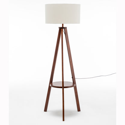 Natural Wooden Tripod Floor Lamp w/ Round Shelf + Off White Linen Shade - Cherry