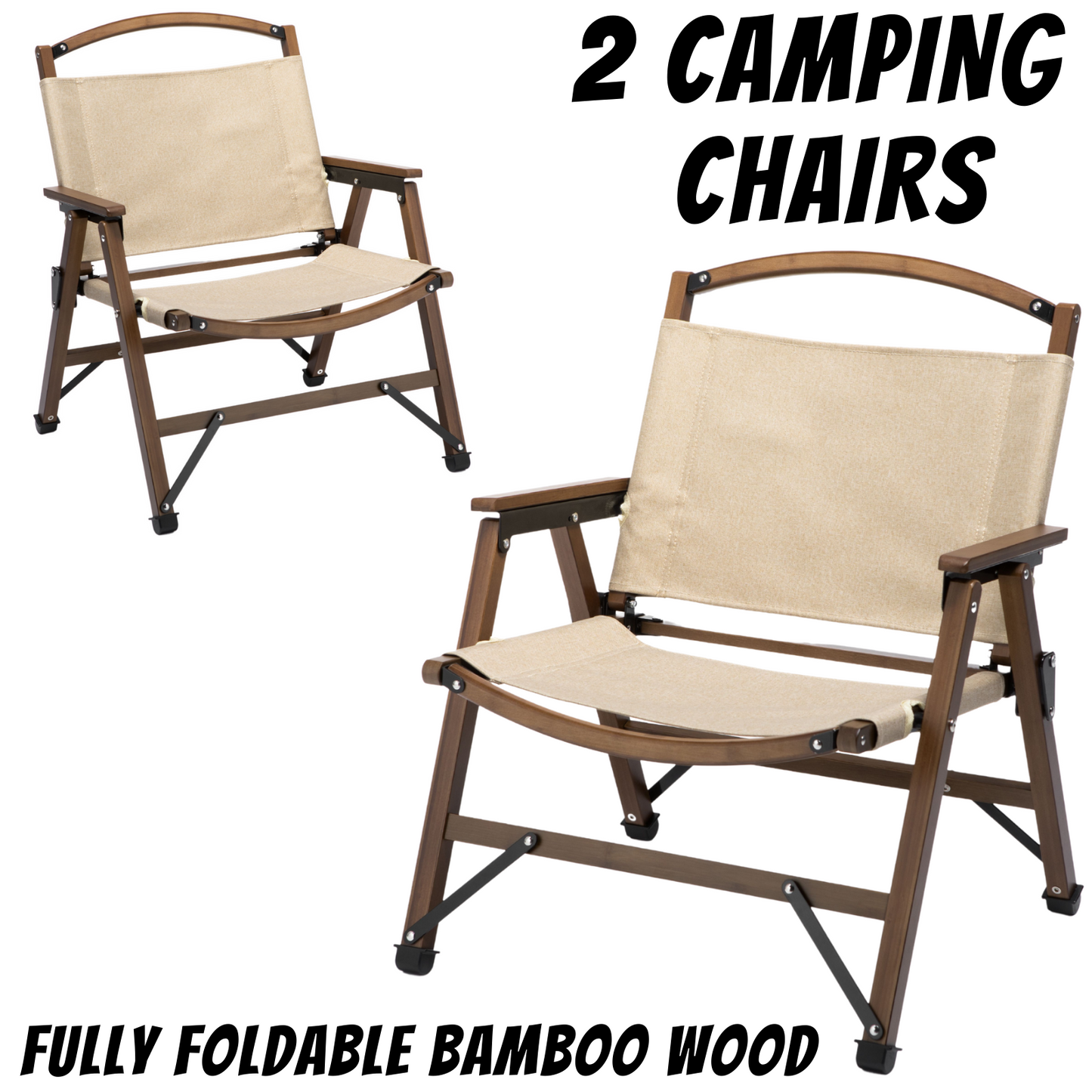 2x Bamboo Foldable Outdoor Camping Chair Wooden Travel Picnic Park Folding - Khaki/Beige