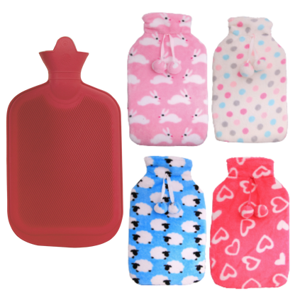 2L HOT WATER BOTTLE with Coral Fleece Cover Winter Warm Natural Rubber Bag