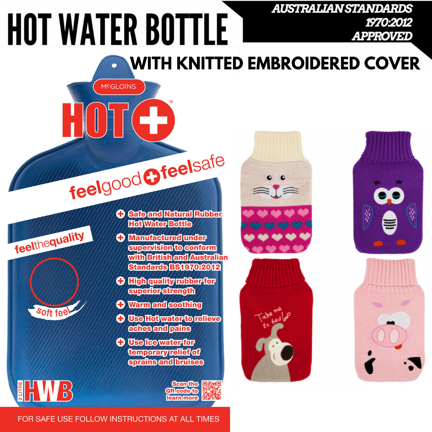 2L HOT WATER BOTTLE with Knitted Cover Winter Warm Natural Rubber Bag