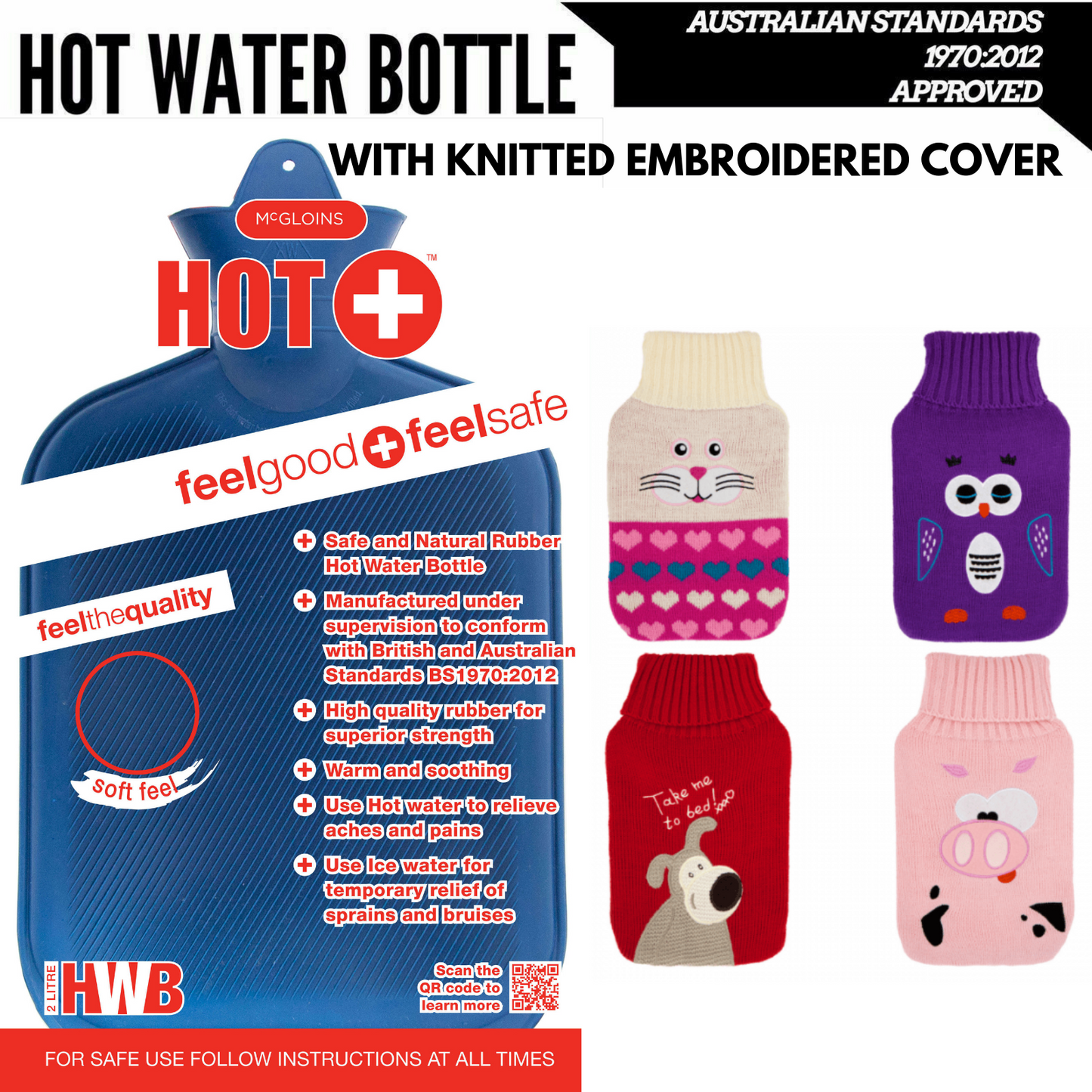 2L HOT WATER BOTTLE with Knitted Cover Winter Warm Natural Rubber Bag