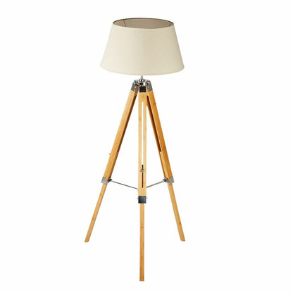 LARGE TRIPOD FLOOR LAMP Linen Shade Modern Light Bamboo Vintage Wooden Retro