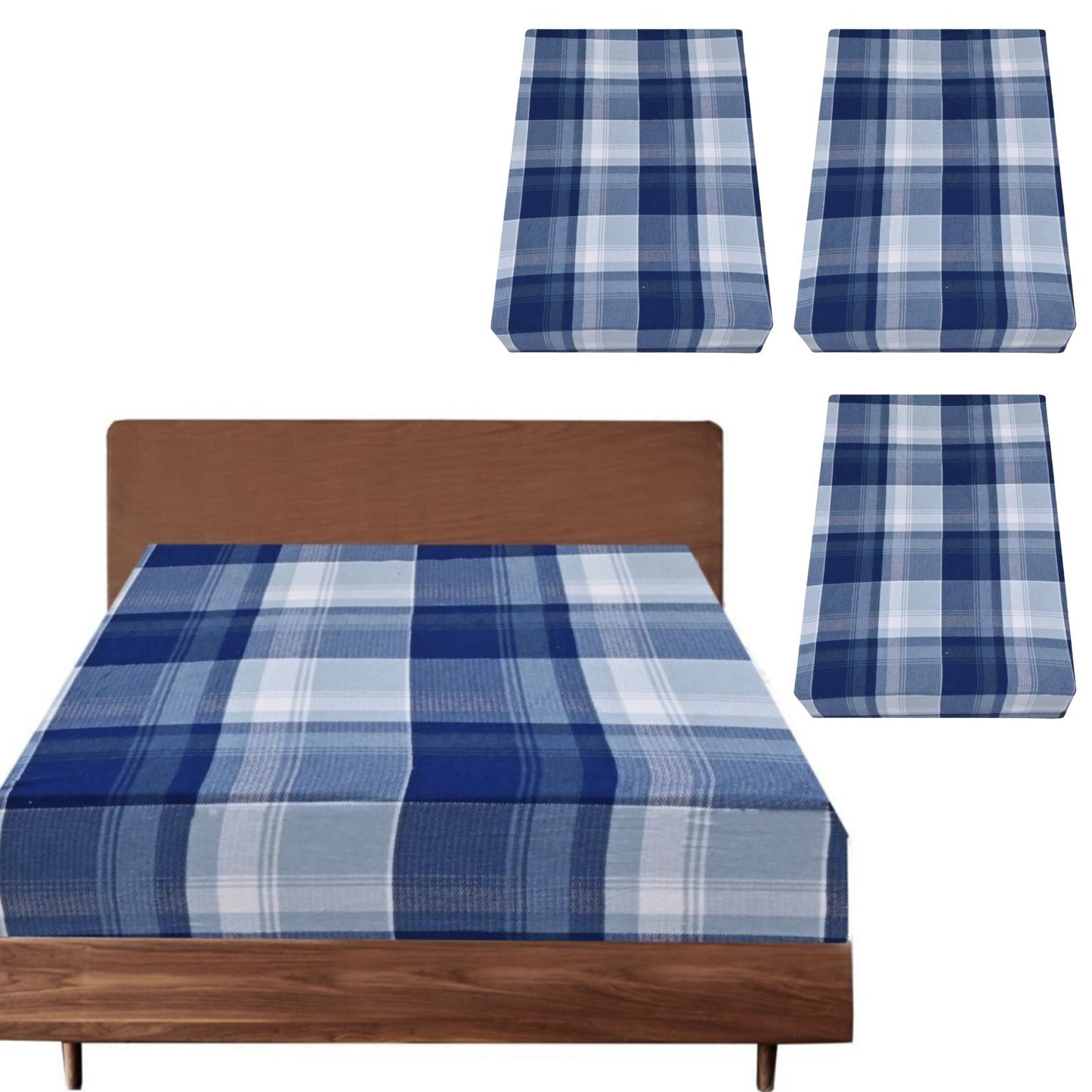 3x Queen Luxury 100% Cotton Flannelette Fitted Bed Sheet - Blue Check Print