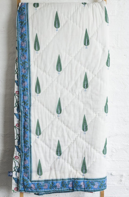 Kolka Kumudani Quilt 100% Cotton Lotus and Pines Print - Queen Size