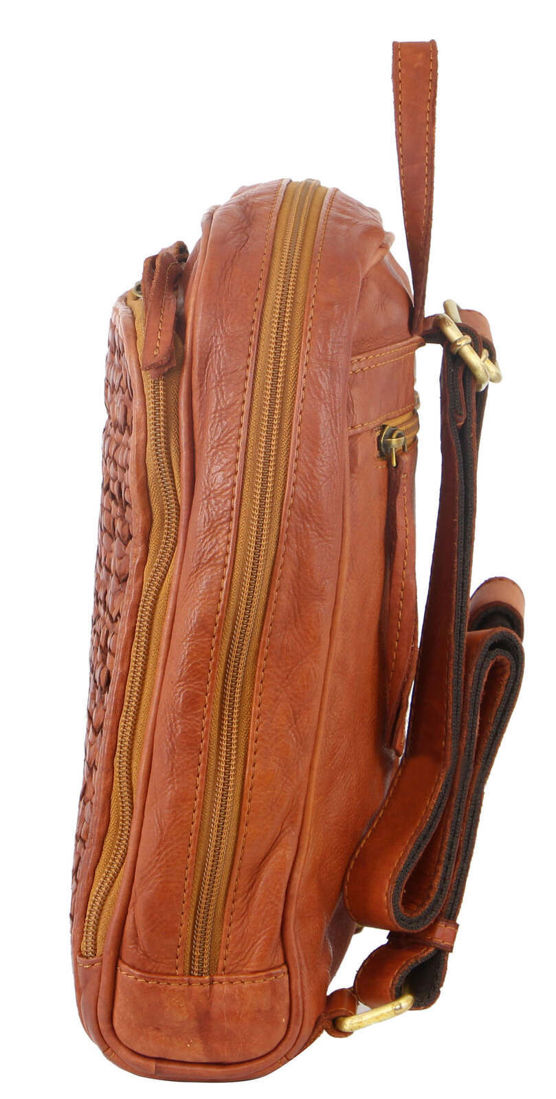 Pierre Cardin Woven Leather Ladies Backpack Bag Travel - Cognac