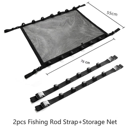 Car Fishing Rod Strap Vehicle Rod Carrier Storage Net Fishing Pole Holder SUV-2PCS Black Fishing Strap +Storage Bag