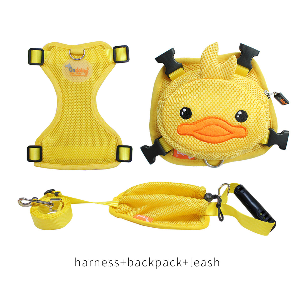 Ondoing Pet Saddle Bag Dog Harness Backpack Hiking Traveling Outdoor Bags Cute Costume (Yellow duck bag with leash set)M