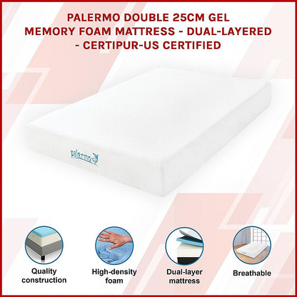 Palermo Double 25cm Gel Memory Foam Mattress - Dual-Layered - CertiPUR-US Certified