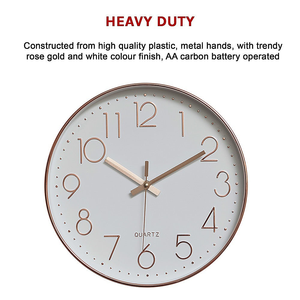 Modern Wall Clock Silent Non-Ticking Quartz Battery Operated Rose Gold