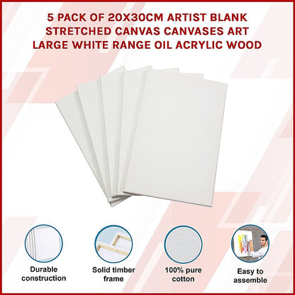 5 pack of 20x30cm Artist Blank Stretched Canvas Canvases Art Large White Range Oil Acrylic Wood