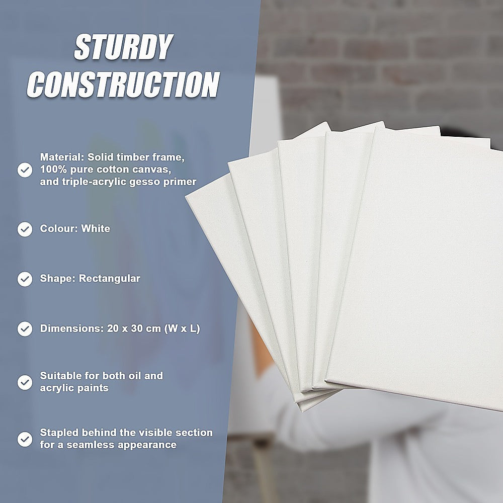 5 pack of 20x30cm Artist Blank Stretched Canvas Canvases Art Large White Range Oil Acrylic Wood