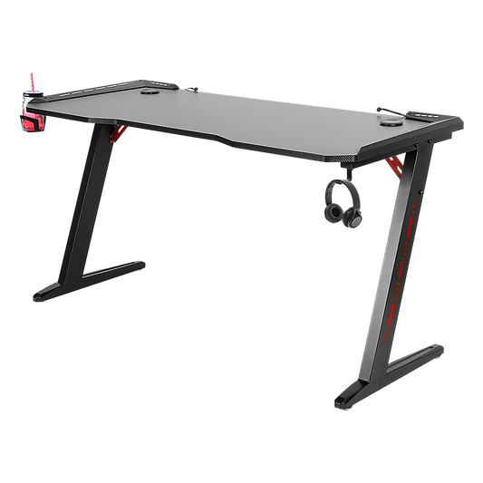 LED Gaming Desk Computer Table with Cup Holder Headphone Hook Cable Hole