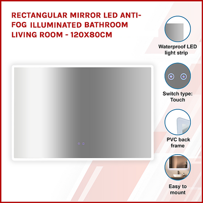 Rectangular Mirror LED Anti-Fog Illuminated Bathroom Living Room - 120x80cm