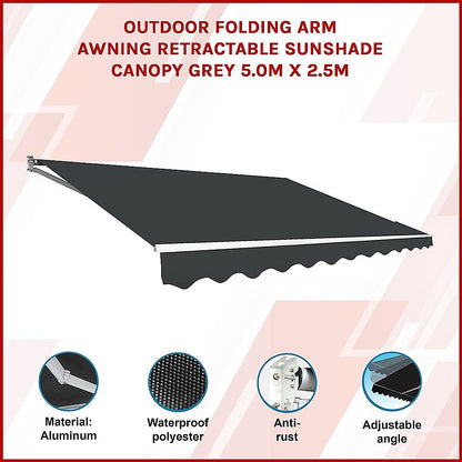 Outdoor Folding Arm Awning Retractable Sunshade Canopy Grey 5.0m x 2.5m