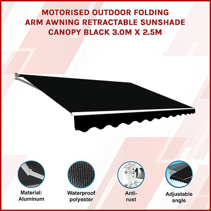 Motorised Outdoor Folding Arm Awning Retractable Sunshade Canopy Black 3.0m x 2.5m