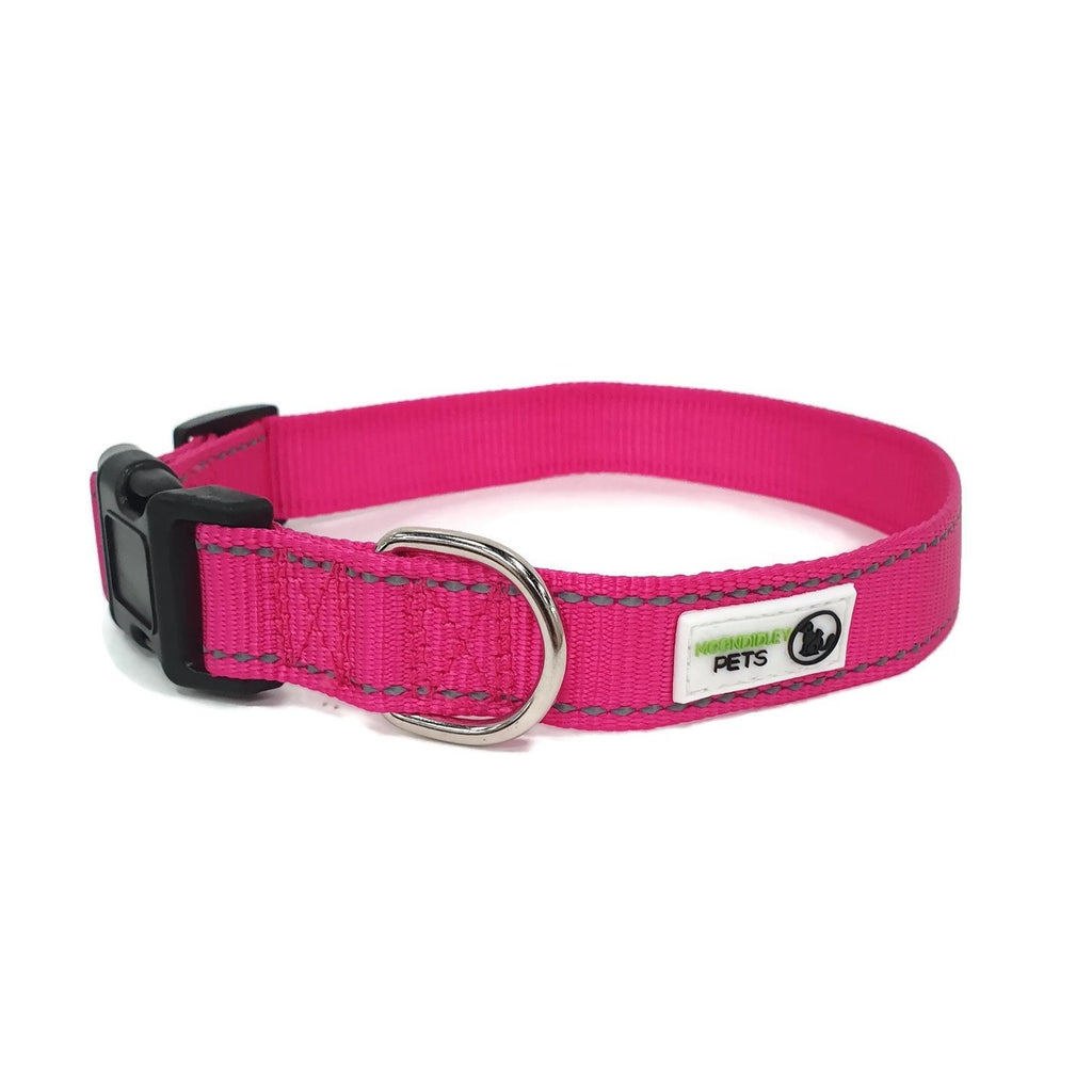 Nylon w/Reflective Stitching Dog Collar Medium Pink - Moondidley Pets