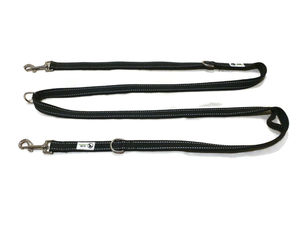 Multi Dog Lead - Nylon w/Reflective Stitching - Double Clip ,Coupler, Waist Belt, Short/Long, Quicktie - Moondidley Pets 20mm Black