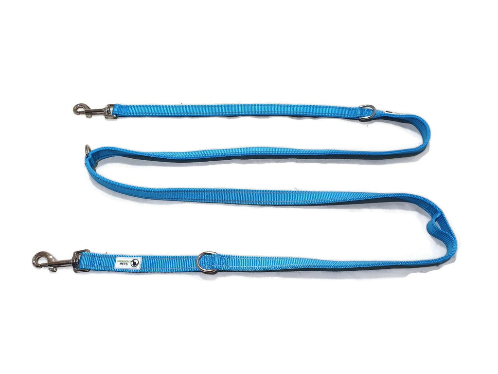 Multi Dog Lead - Nylon w/Reflective Stitching - Double Clip ,Coupler, Waist Belt, Short/Long, Quicktie - Moondidley Pets 20mm Light Blue