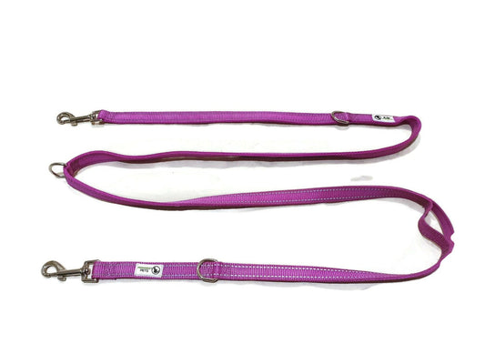 Multi Dog Lead - Nylon w/Reflective Stitching - Double Clip ,Coupler, Waist Belt, Short/Long, Quicktie - Moondidley Pets 20mm Purple