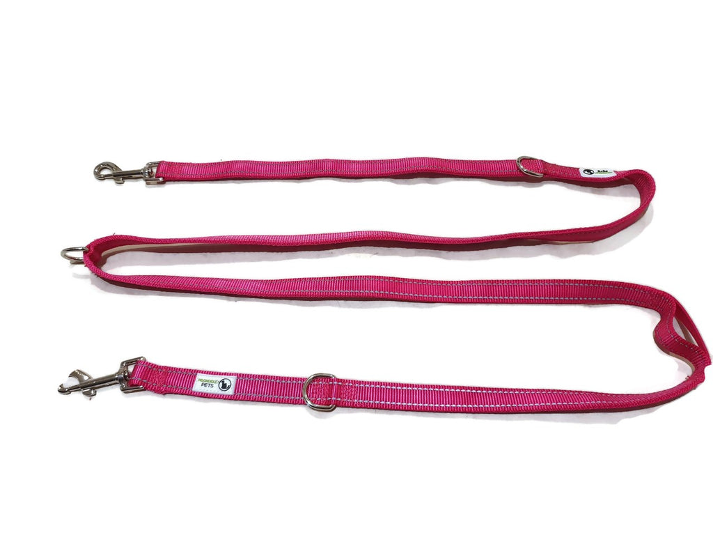 Multi Dog Lead - Nylon w/Reflective Stitching - Double Clip ,Coupler, Waist Belt, Short/Long, Quicktie - Moondidley Pets 25mm Pink