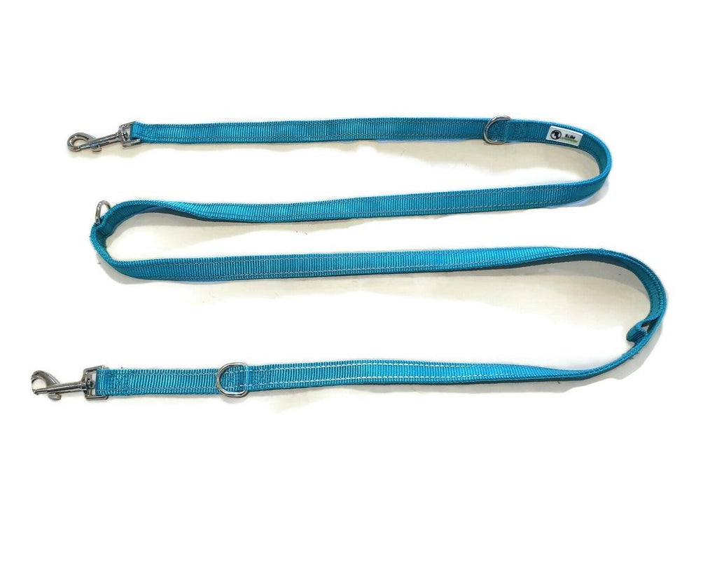 Multi Dog Lead - Nylon w/Reflective Stitching - Double Clip ,Coupler, Waist Belt, Short/Long, Quicktie - Moondidley Pets 25mm Turquoise