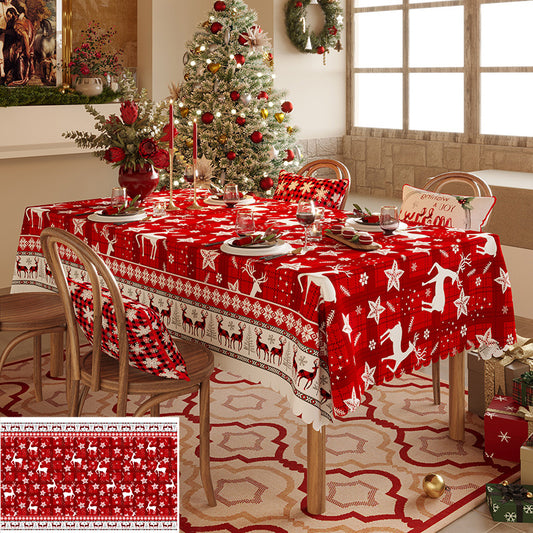 Christmas Reindeer Pattern Tablecloth - Festive Red Holiday Table Cover for Dining and Home Decor  100*100cm