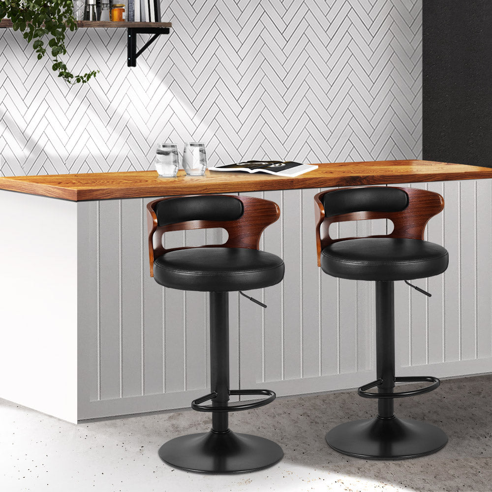 Artiss Set of 2 Bar Stools Kitchen Wooden Gas Lift Leather Stool Metal Black Barstools