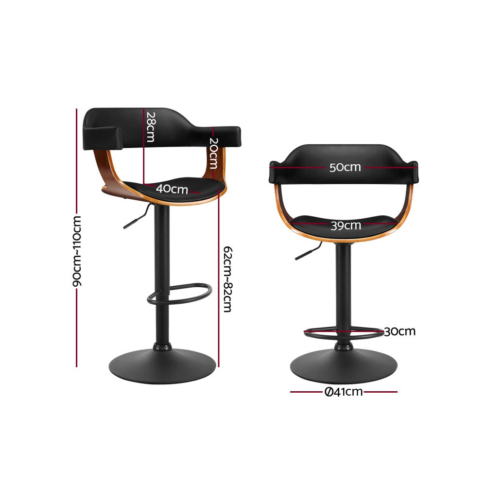 Artiss 2x Bar Stools Gas Lift Leather w/Armrest All Black