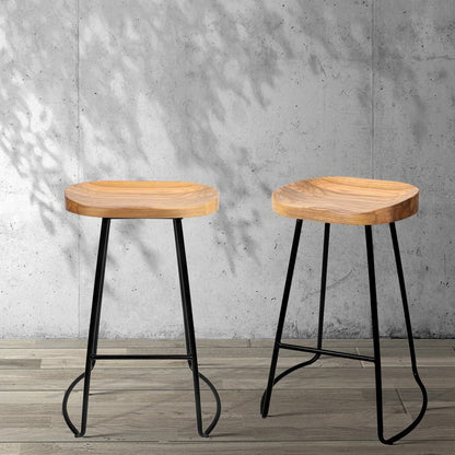 Artiss Set of 4 Elm Wood Backless Bar Stools 65cm - Black and Light Natural