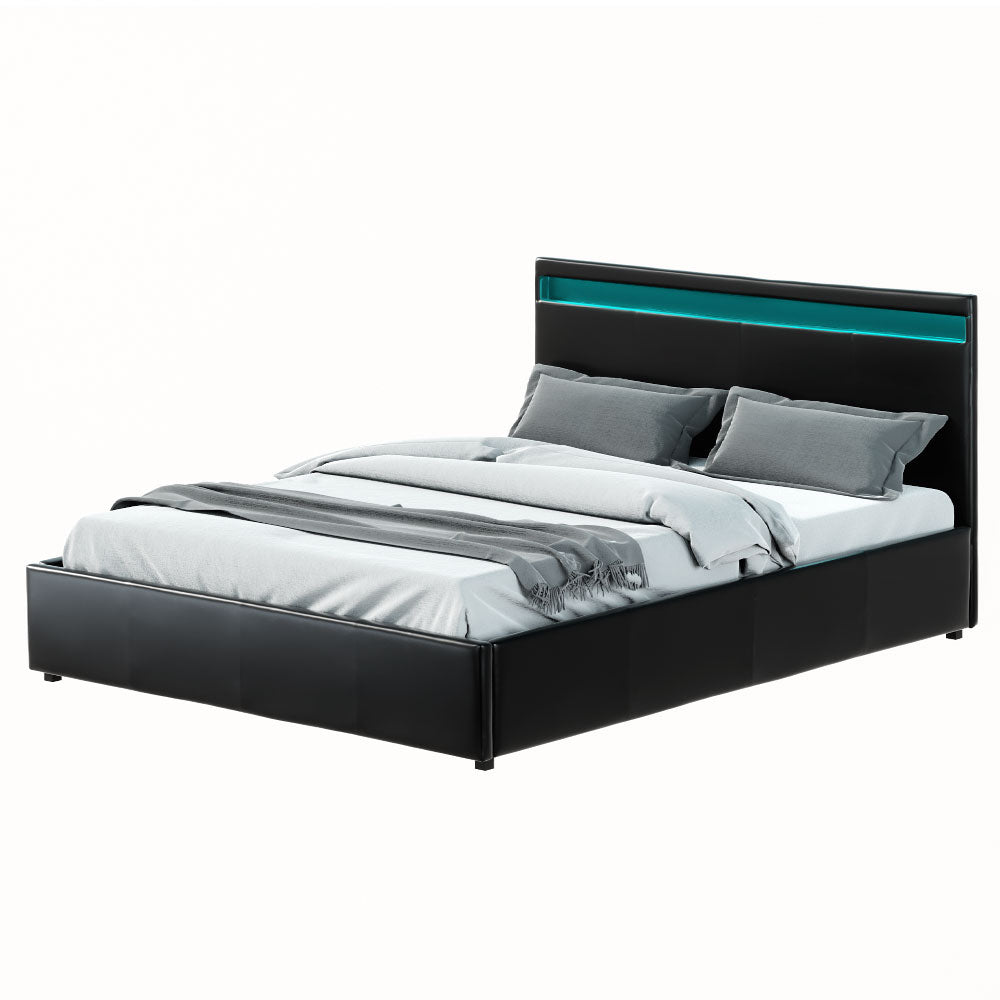 Artiss Bed Frame Queen Size LED Gas Lift Black COLE