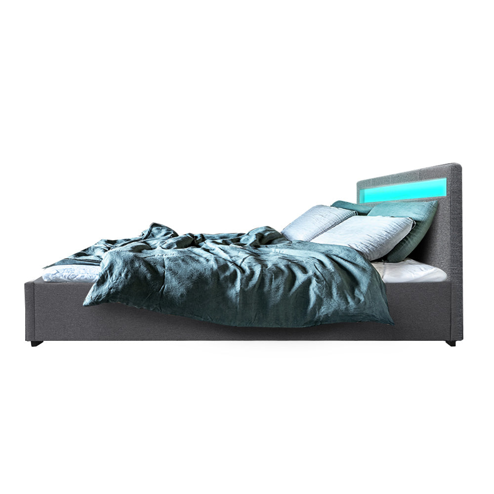 Artiss Bed Frame Queen Size LED Gas Lift Grey COLE