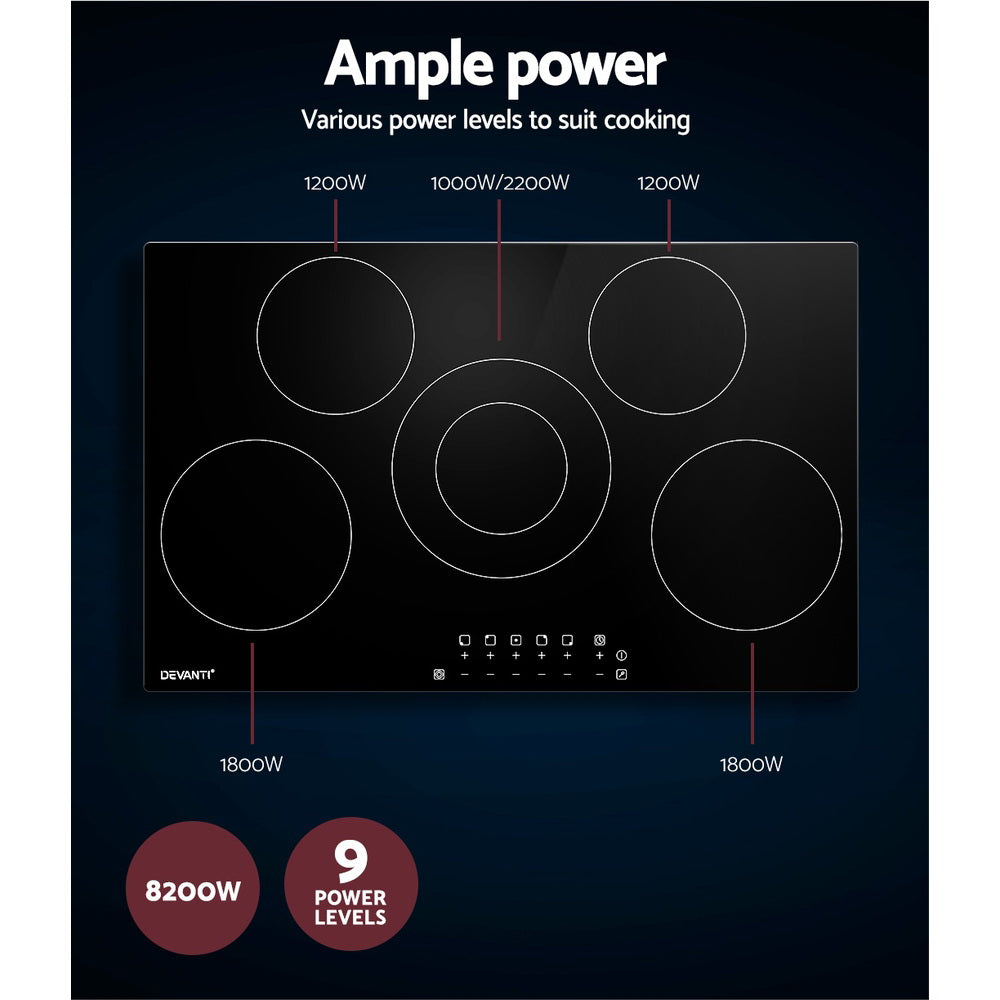 Devanti 90cm Ceramic Cooktop Electric Cook Top 5 Burner Stove Hob Touch Control 6-Zones