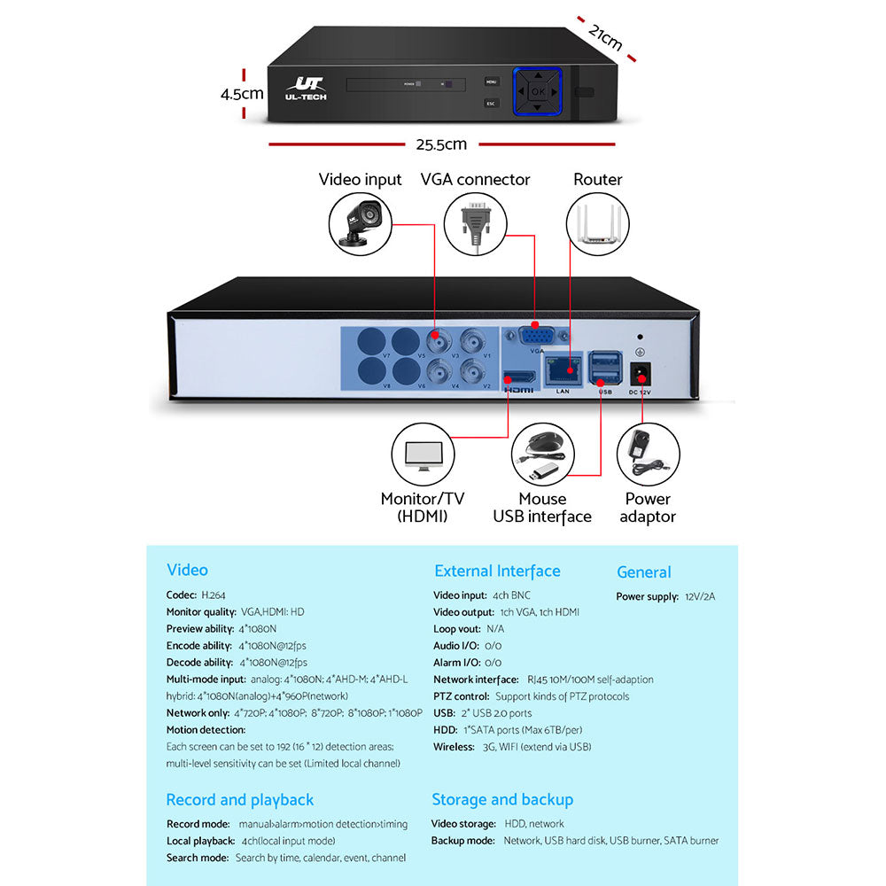 UL-tech Home CCTV Security System Camera 4CH DVR 1080P 1500TVL 1TB Outdoor Home