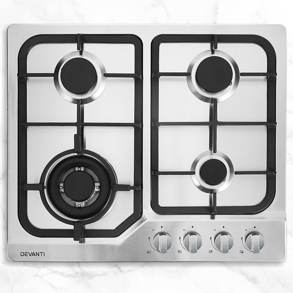 Devanti Gas Cooktop 60cm Gas Stove Cooker 4 Burner Cook Top Konbs NG LPG Steel