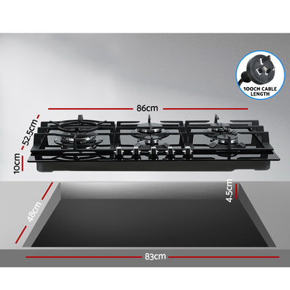 Devanti Gas Cooktop 90cm 5 Burner Stove Hob Cooker Kitchen NG LPG Black Glass