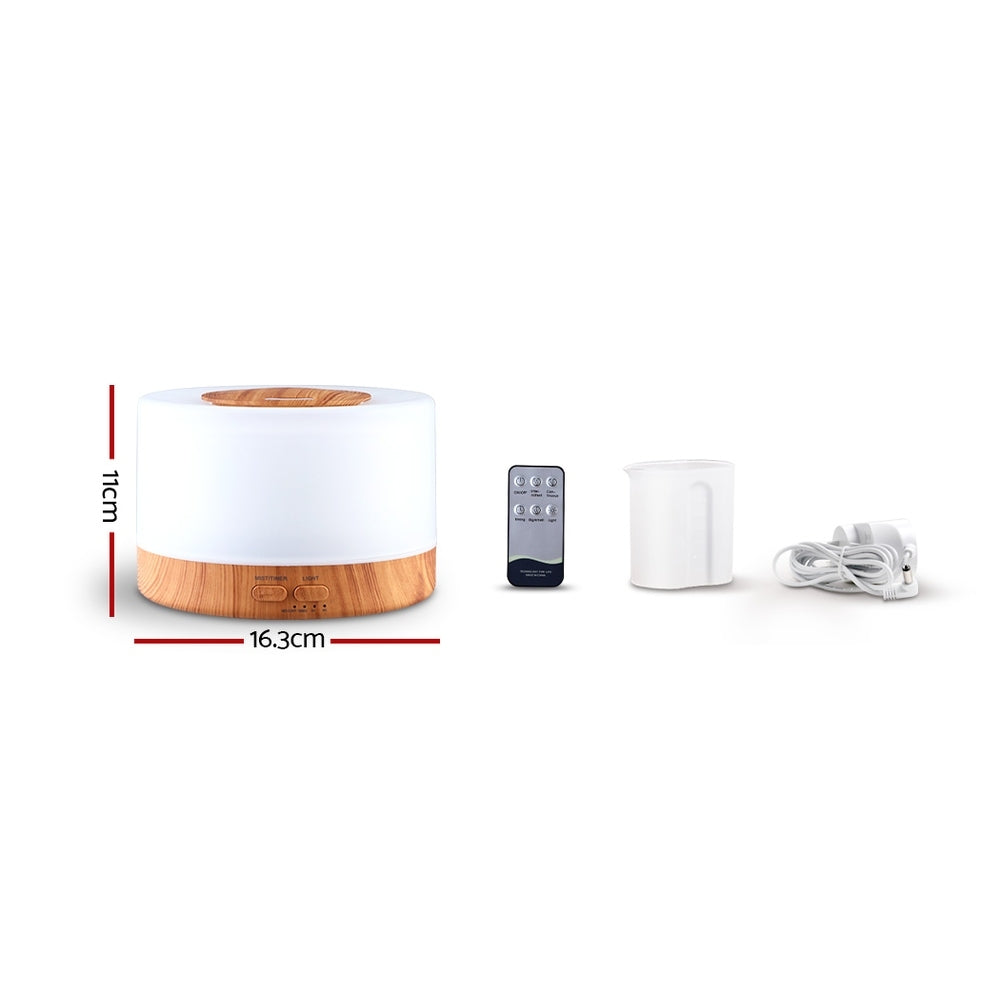 DEVANTI Aroma Diffuser Aromatherapy LED Night Light Air Humidifier Purifier Round Light Wood Grain 500ml Remote Control