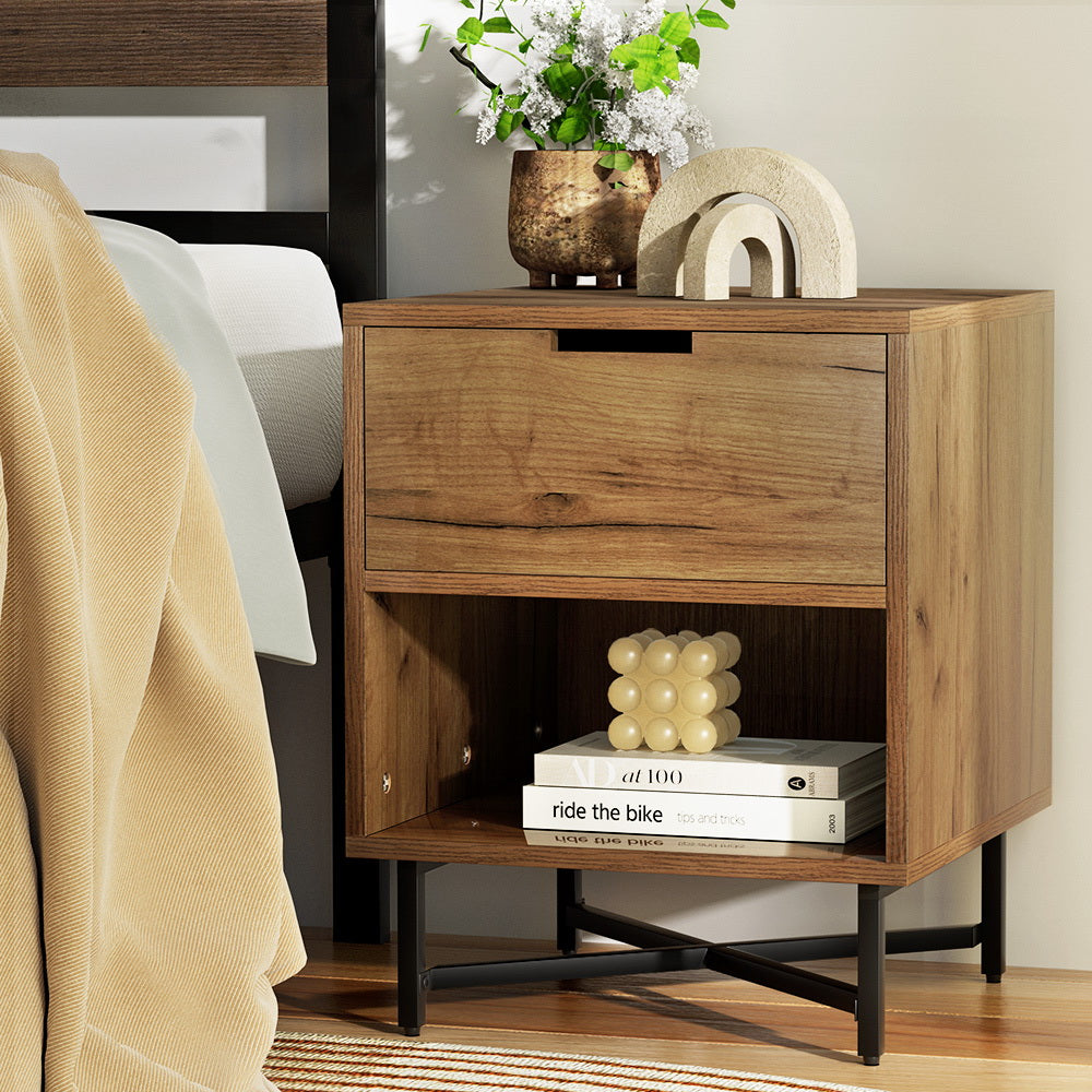 Artiss Bedside Table Drawers Shelf Side Nightstand Storage Bedroom Rust Oak