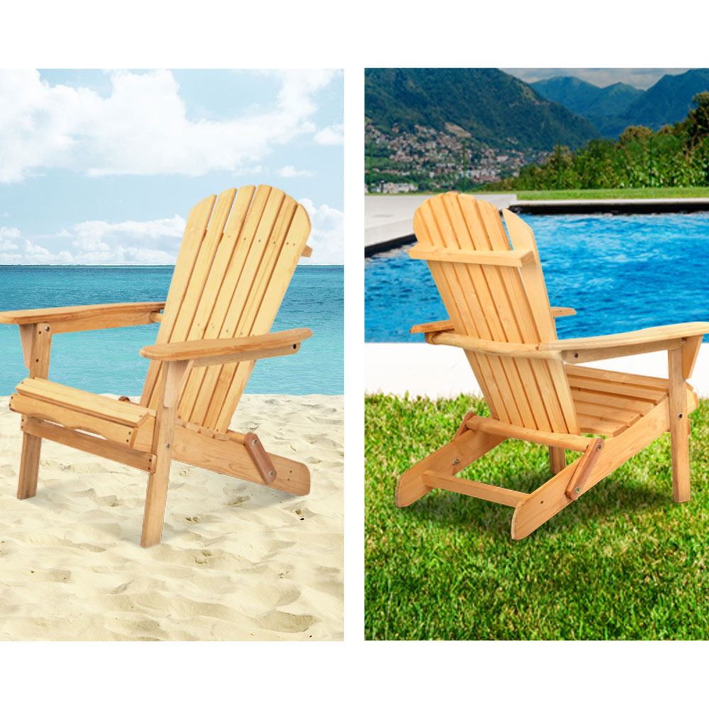 Gardeon 3PC Adirondack Outdoor Table and Chairs Wooden Foldable Beach Chair Natural