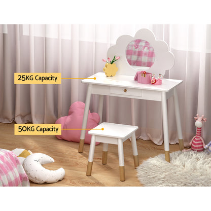 Keezi Kids Vanity Makeup Dressing Table Chair Set Wooden Mirror Drawer White