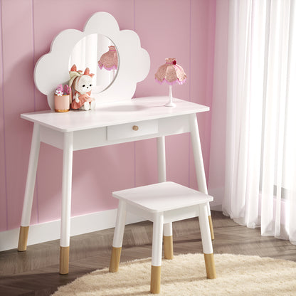 Keezi Kids Vanity Makeup Dressing Table Chair Set Wooden Mirror Drawer White