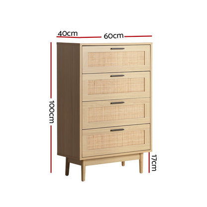 Artiss 4 Chest of Drawers Rattan Tallboy Cabinet Bedroom Clothes Storage Wood